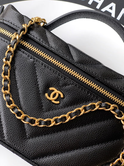 Chanel 26P Lunchbox Vanity Bag — Black Caviar Leather with Antique Gold Hardware