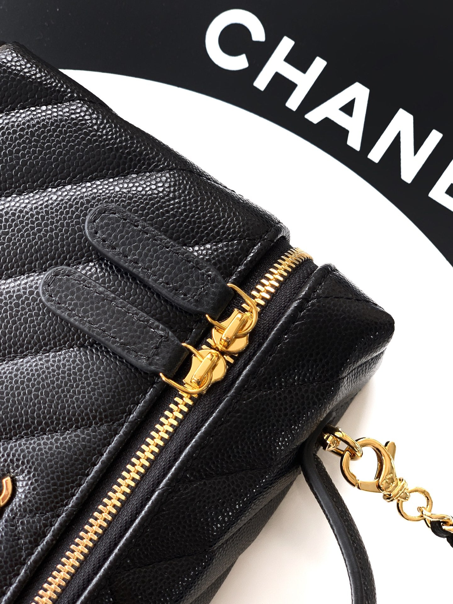 Chanel 26P Lunchbox Vanity Bag — Black Caviar Leather with Antique Gold Hardware