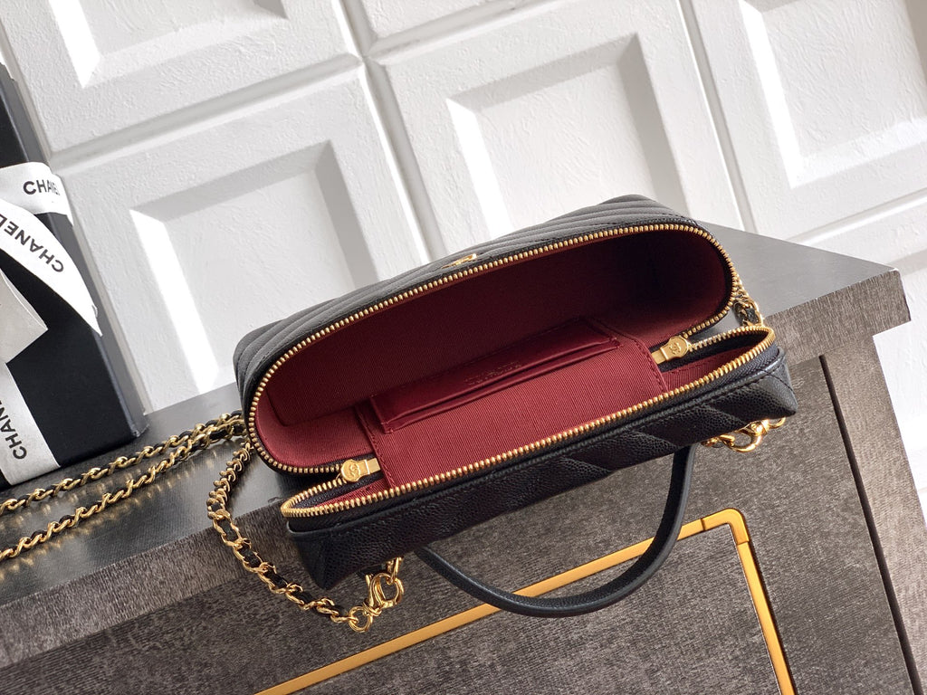 Chanel 26P Lunchbox Vanity Bag — Black Caviar Leather with Antique Gold Hardware