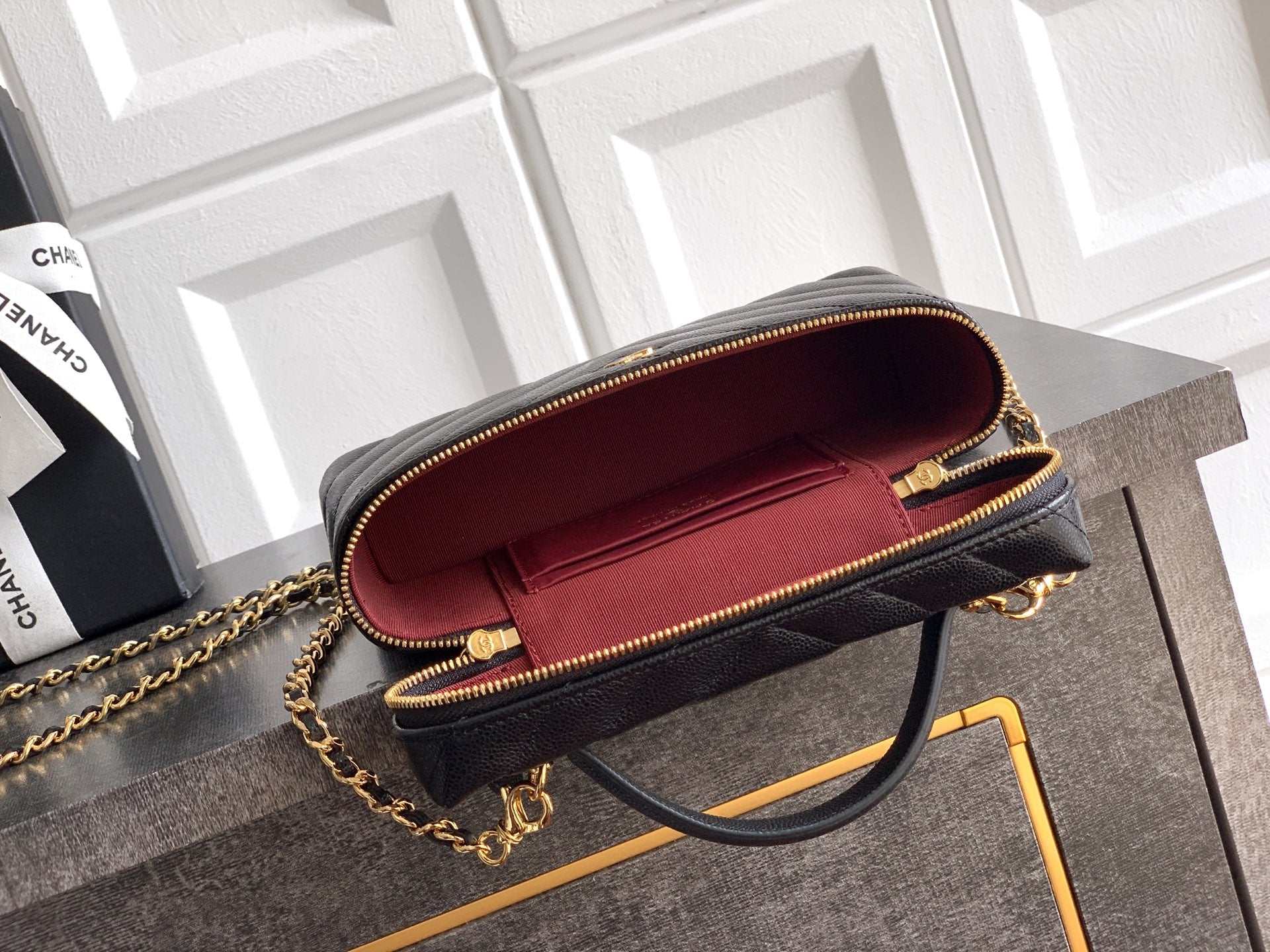 Chanel 26P Lunchbox Vanity Bag — Black Caviar Leather with Antique Gold Hardware