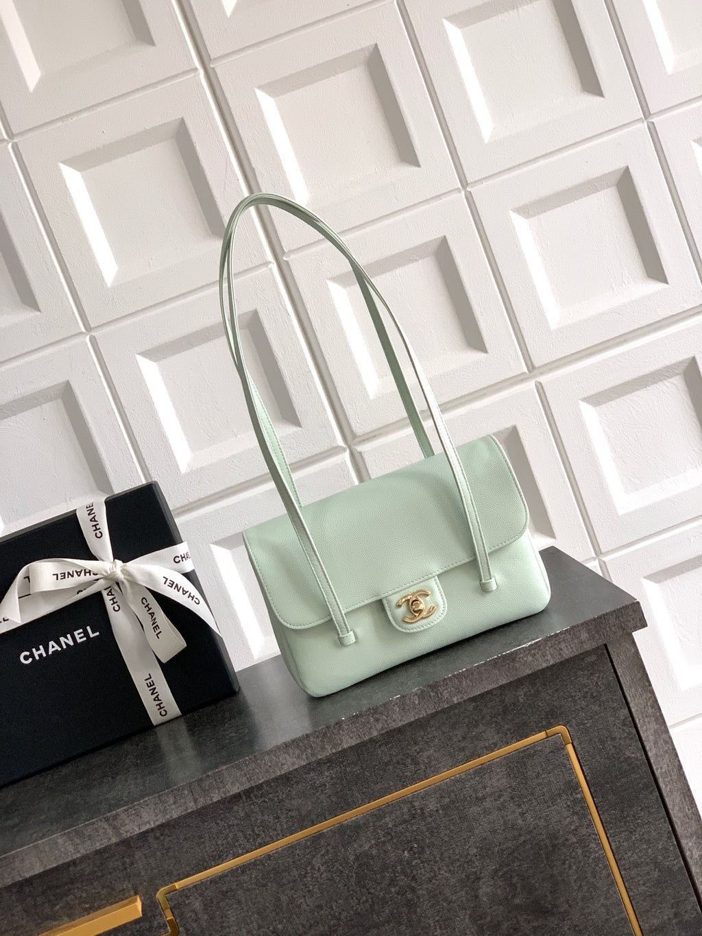 Chanel 26C Small Kelly Shopping Tote — Mint Grey Green Caviar Leather with Gold Hardware