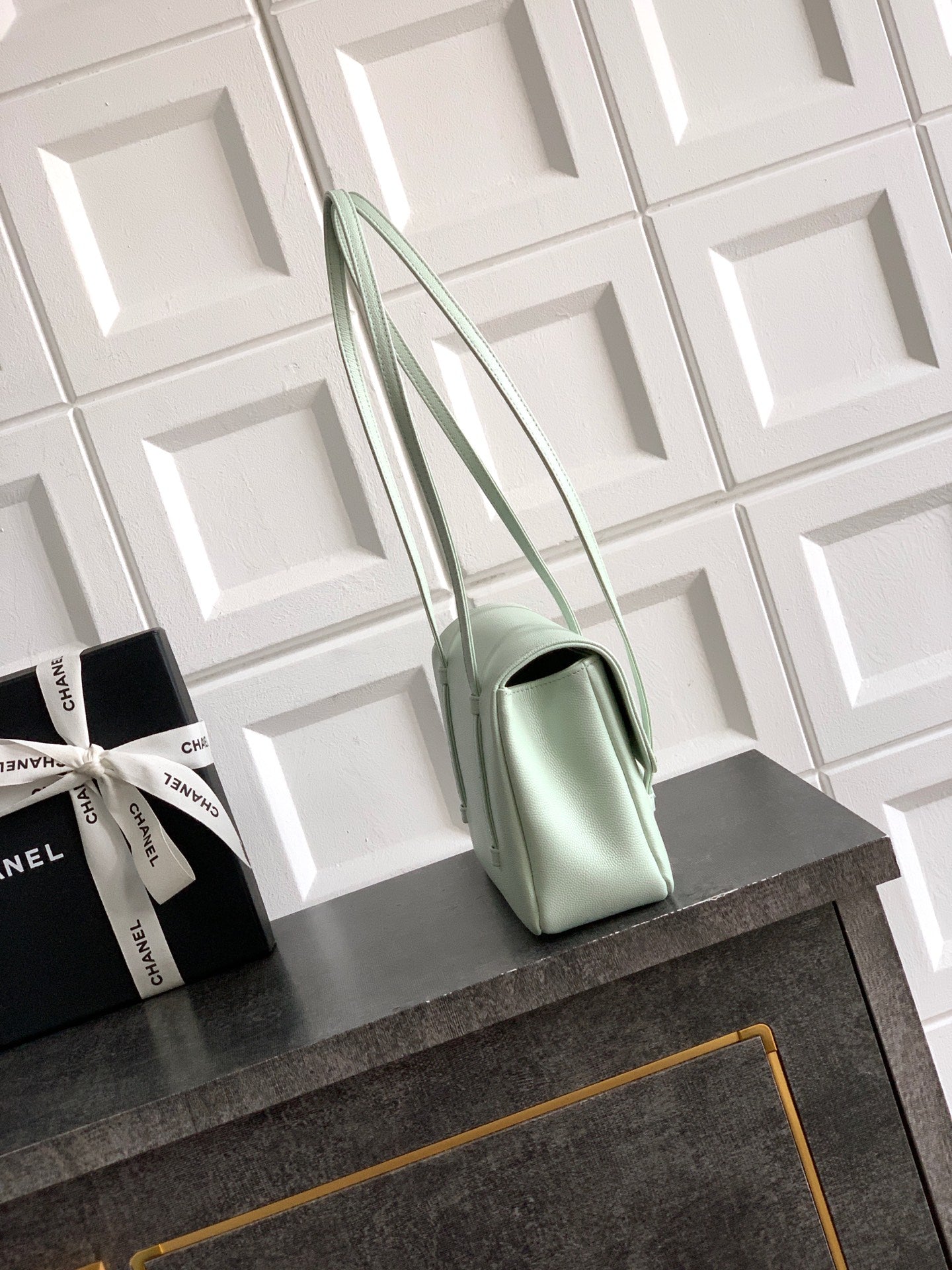 Chanel 26C Small Kelly Shopping Tote — Mint Grey Green Caviar Leather with Gold Hardware