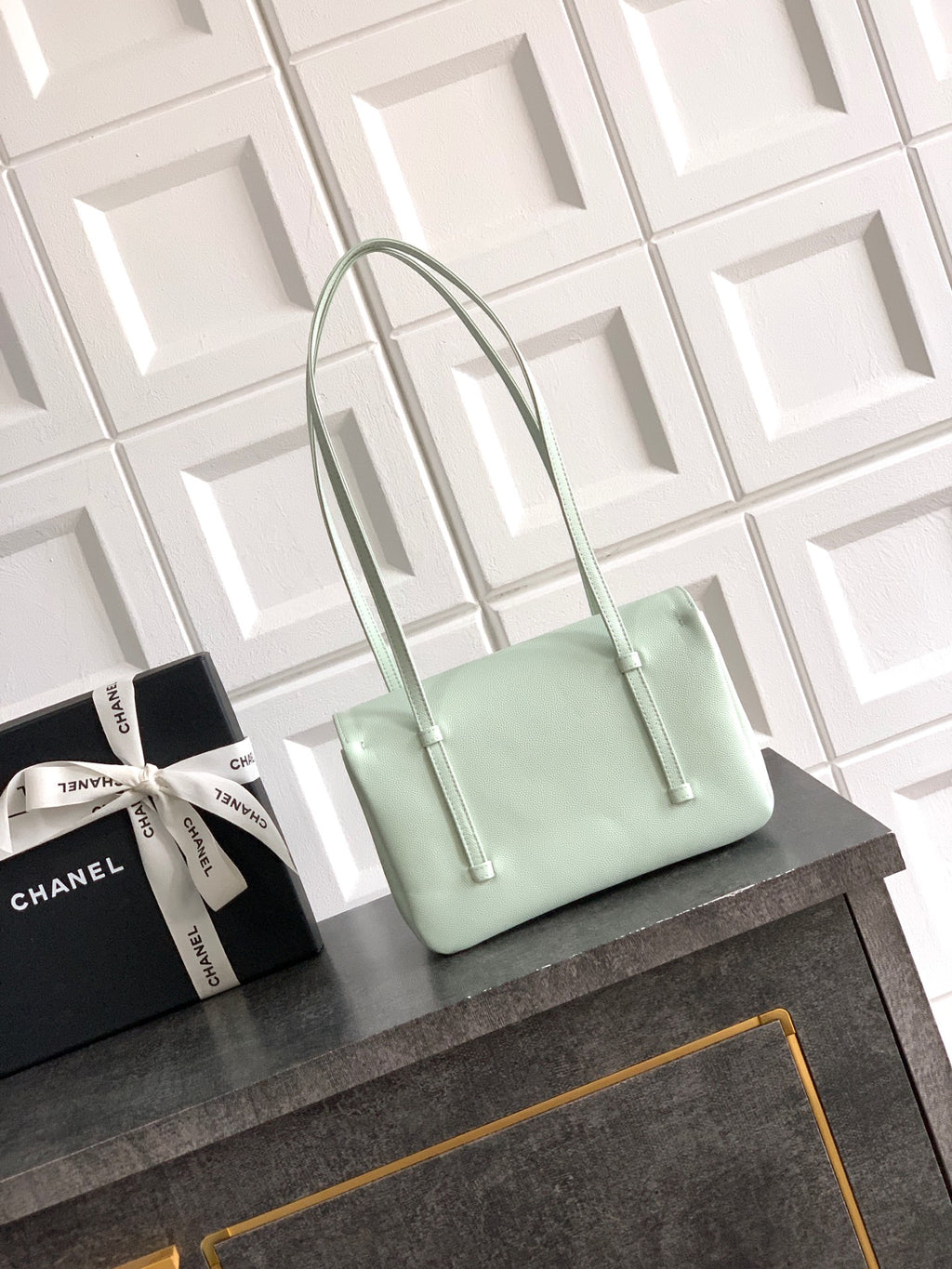 Chanel 26C Small Kelly Shopping Tote — Mint Grey Green Caviar Leather with Gold Hardware