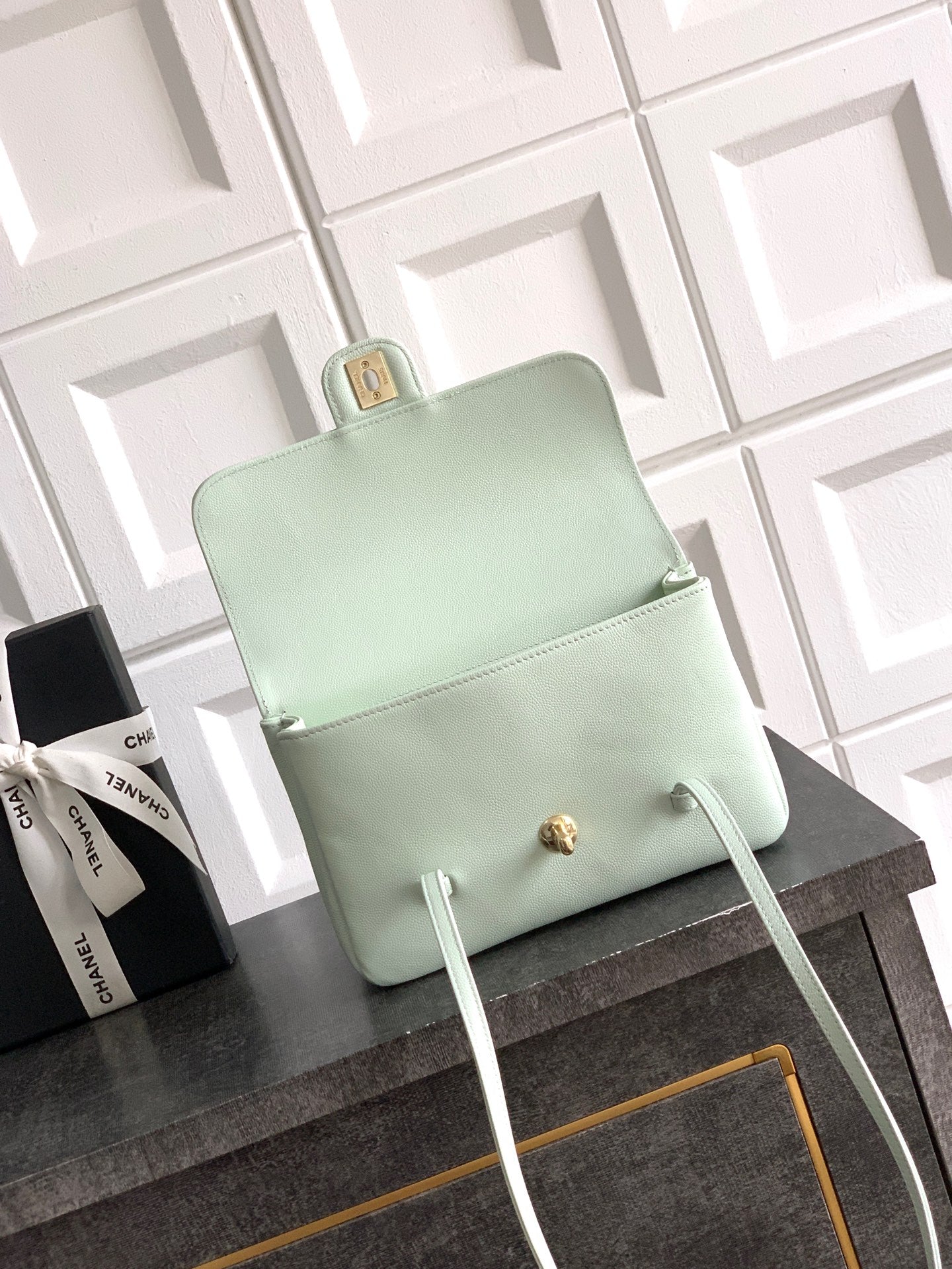 Chanel 26C Small Kelly Shopping Tote — Mint Grey Green Caviar Leather with Gold Hardware