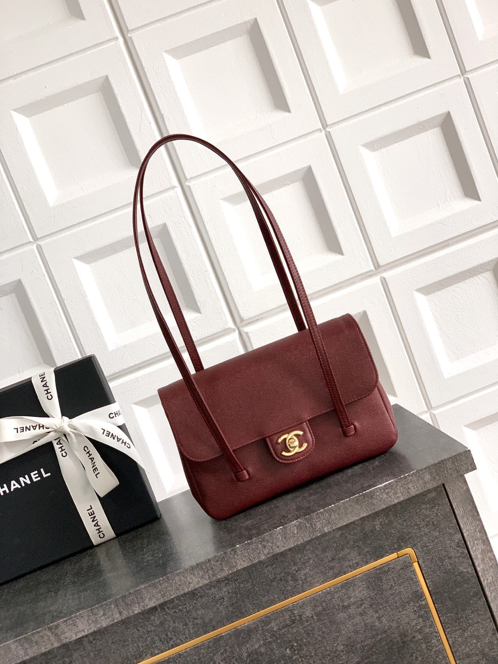 Chanel 26C Small Kelly Shopping Tote — Burgundy Caviar Leather with Gold Hardware