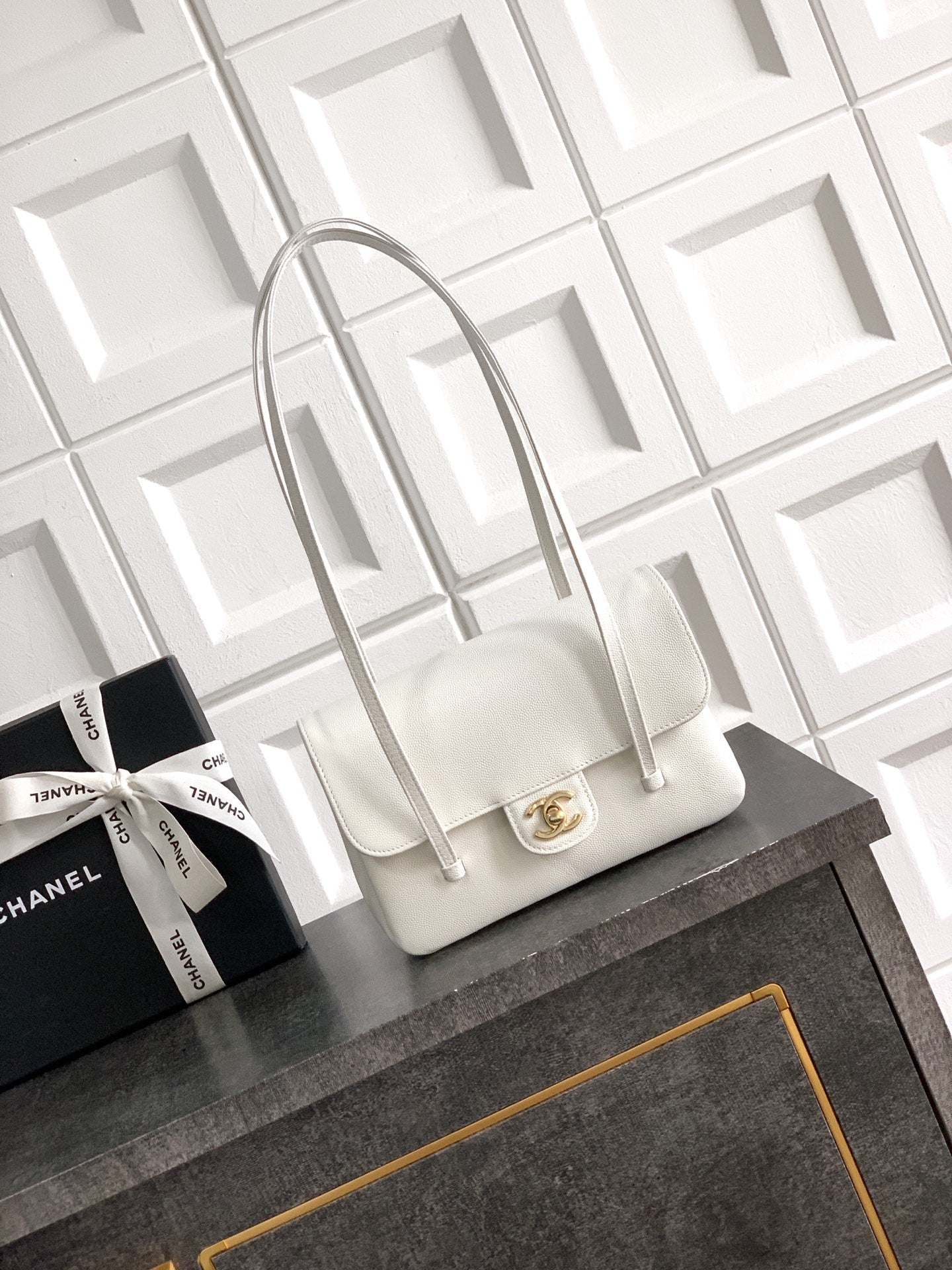 Chanel 26C Small Kelly Shopping Tote — Milky White Caviar Leather with Gold Hardware