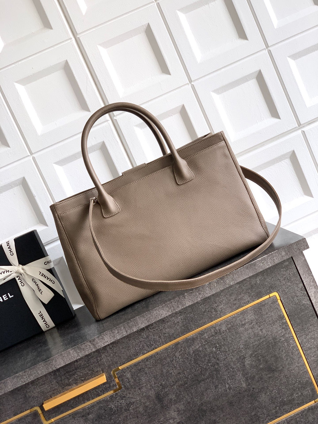 Chanel Executive Cerf Tote — Dark Taupe Caviar Leather with Gold Hardware
