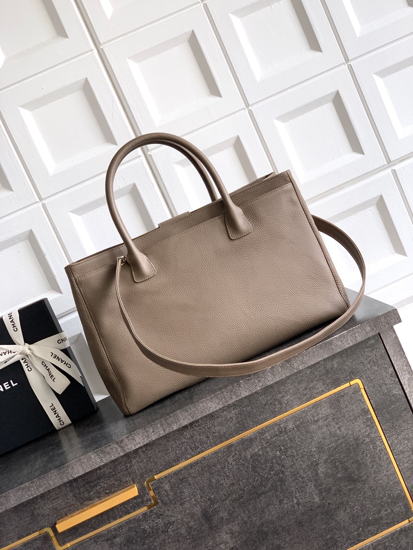Chanel Executive Cerf Tote — Dark Taupe Caviar Leather with Gold Hardware