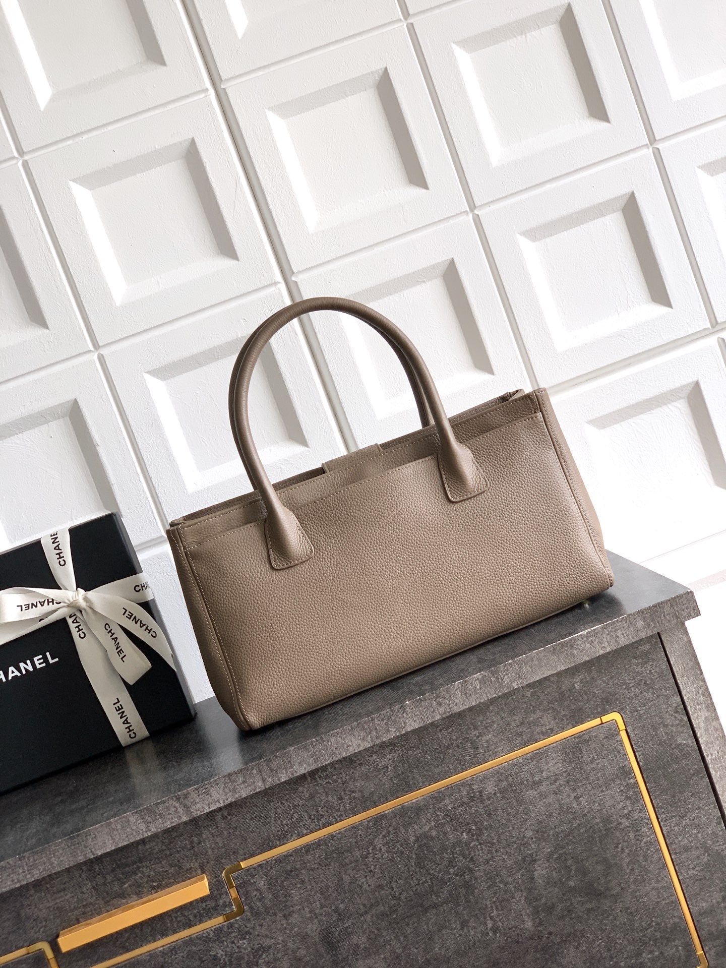 Chanel Executive Cerf Tote Small — Dark Taupe Caviar Leather with Gold Hardware