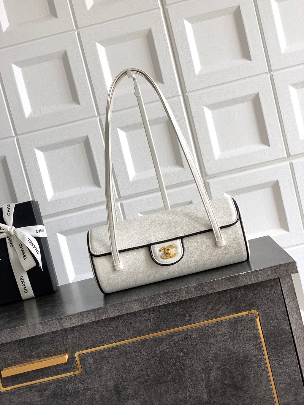 Chanel 26S Bowling Bag — White Grained Calfskin with Black Trim and Gold Hardware