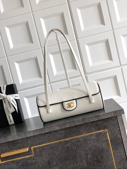 Chanel 26S Bowling Bag — White Grained Calfskin with Black Trim and Gold Hardware