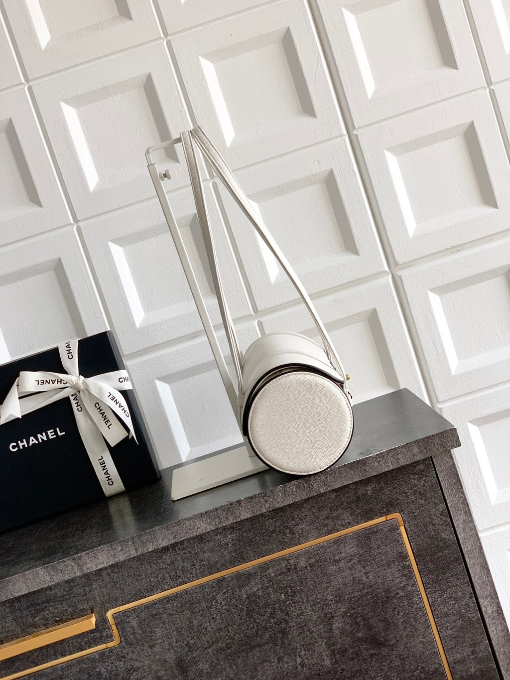 Chanel 26S Bowling Bag — White Grained Calfskin with Black Trim and Gold Hardware
