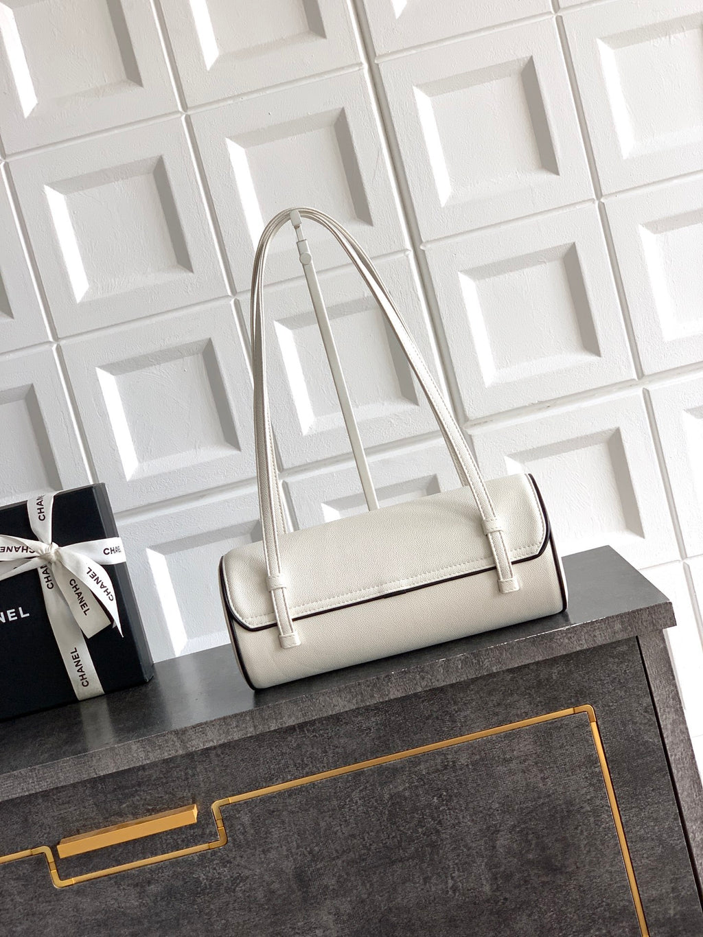 Chanel 26S Bowling Bag — White Grained Calfskin with Black Trim and Gold Hardware