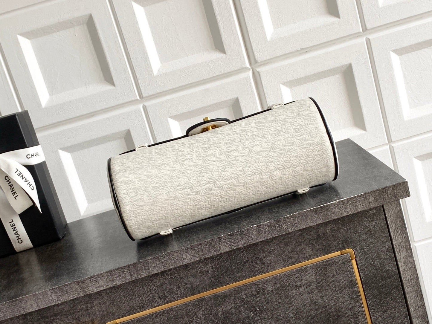 Chanel 26S Bowling Bag — White Grained Calfskin with Black Trim and Gold Hardware
