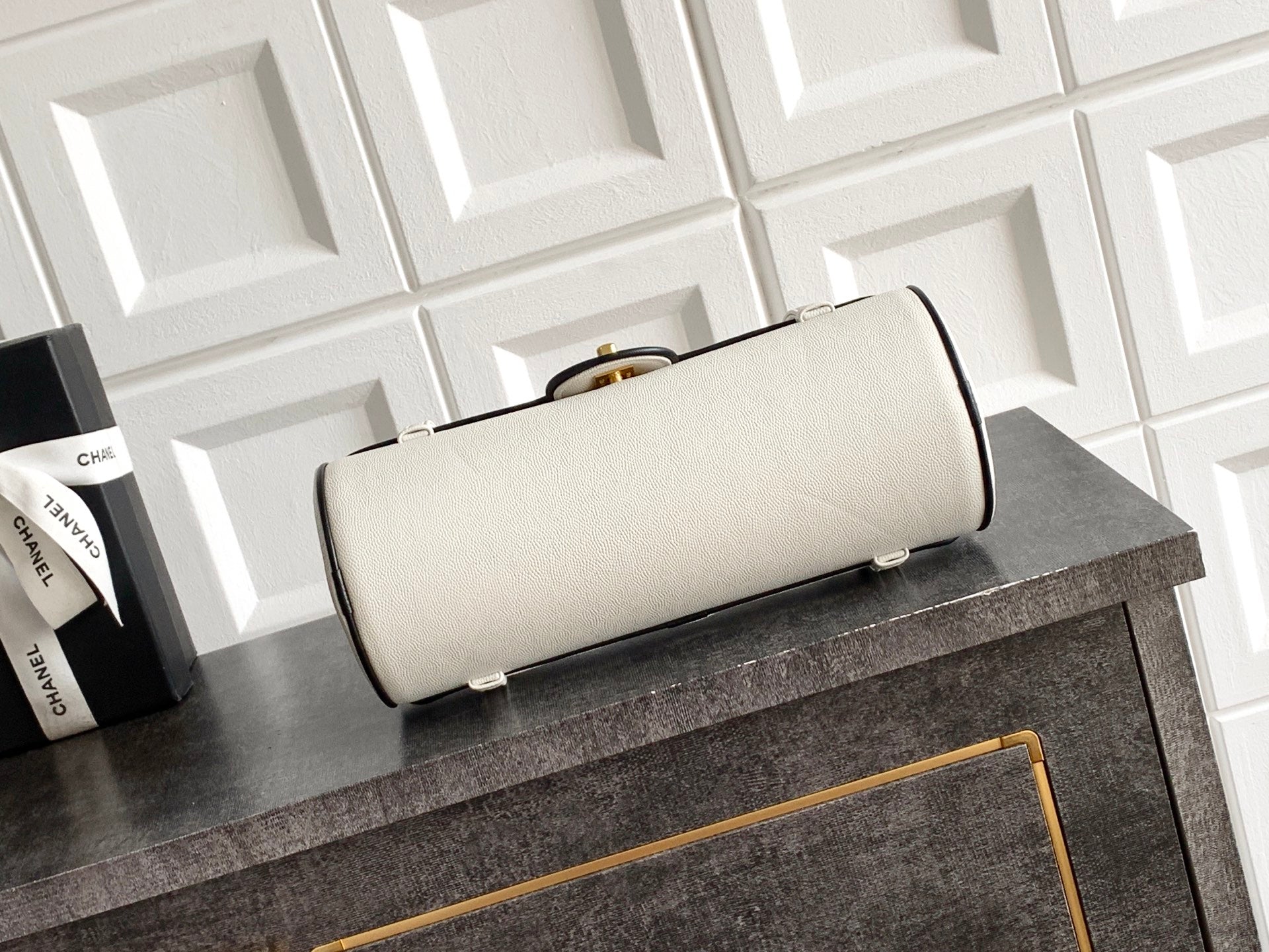 Chanel 26S Bowling Bag — White Grained Calfskin with Black Trim and Gold Hardware