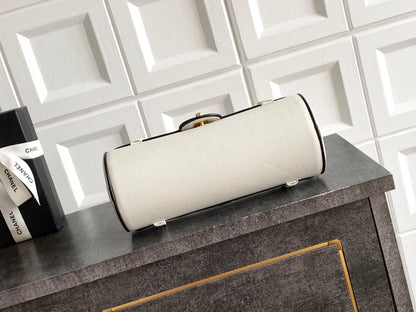 Chanel 26S Bowling Bag — White Grained Calfskin with Black Trim and Gold Hardware