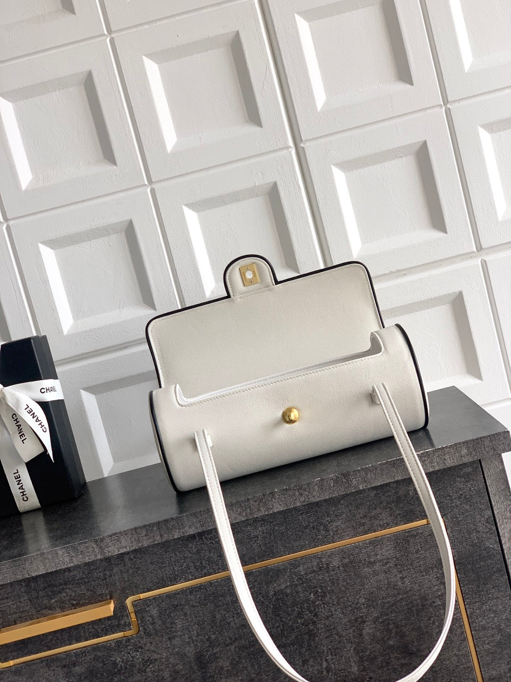 Chanel 26S Bowling Bag — White Grained Calfskin with Black Trim and Gold Hardware