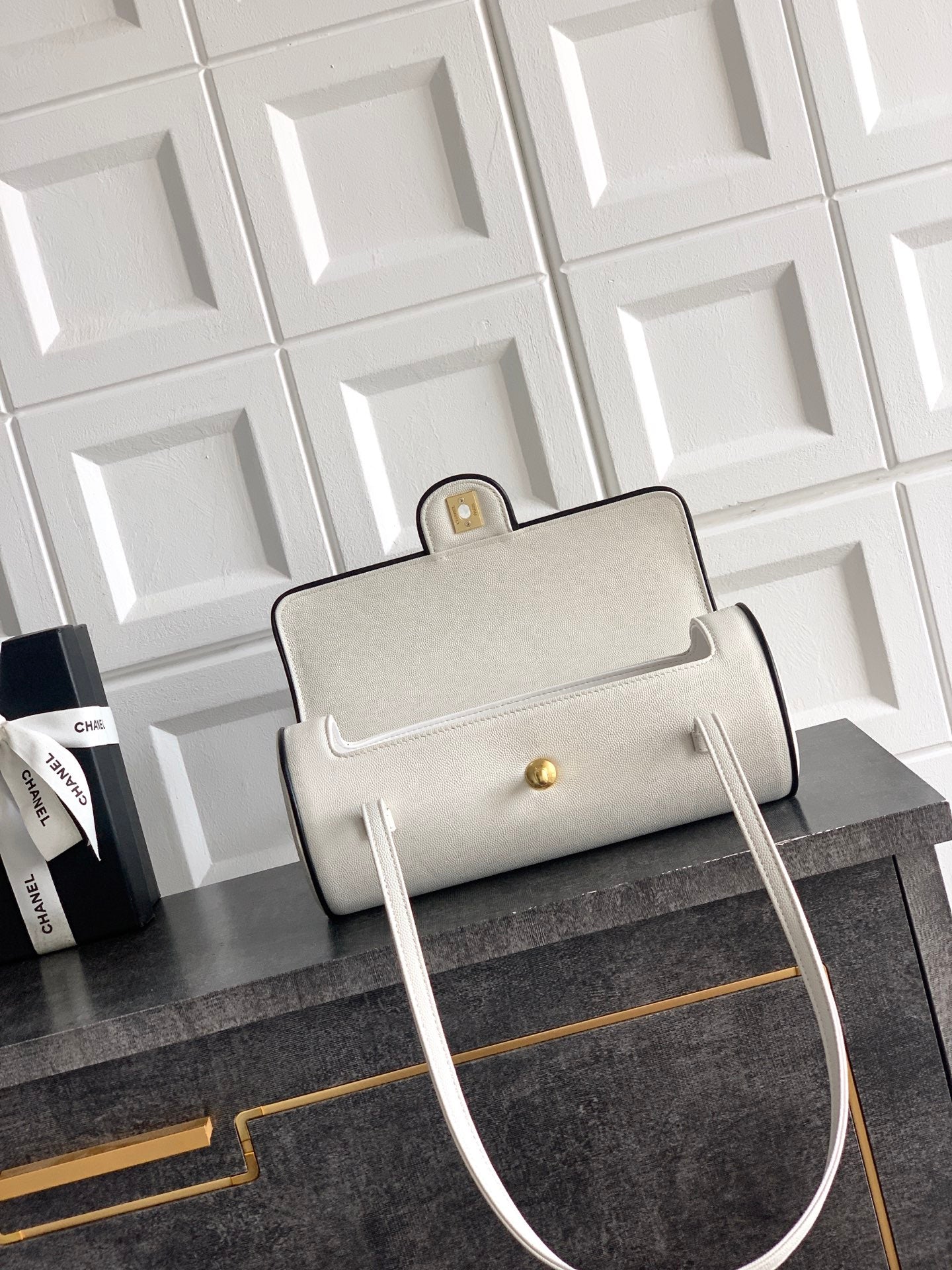 Chanel 26S Bowling Bag — White Grained Calfskin with Black Trim and Gold Hardware