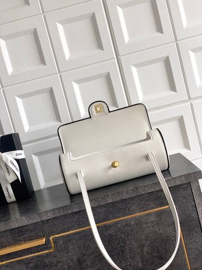 Chanel 26S Bowling Bag — White Grained Calfskin with Black Trim and Gold Hardware
