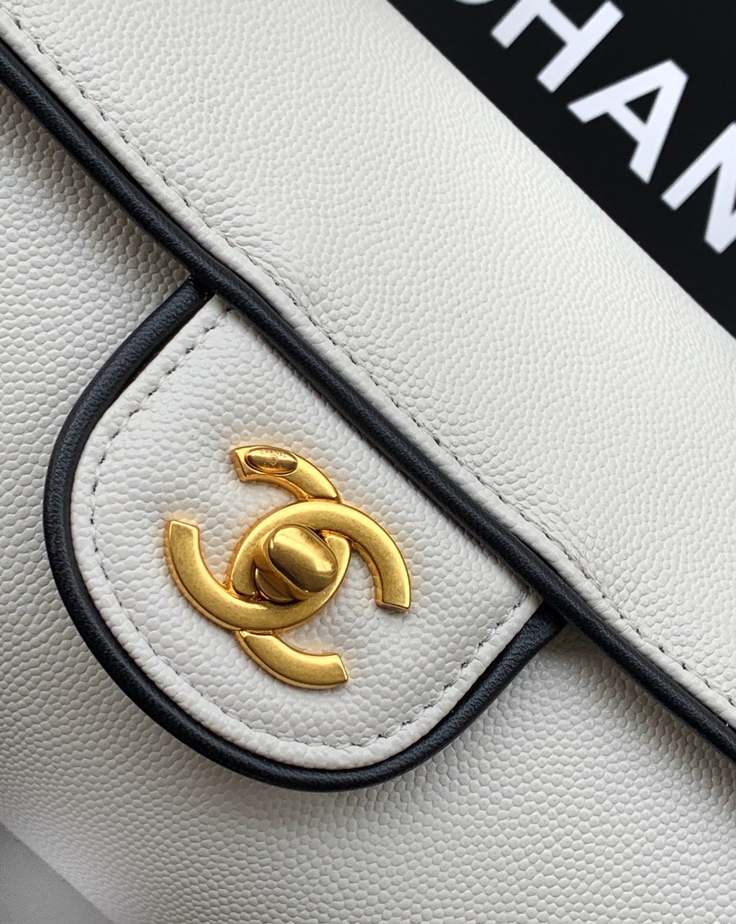 Chanel 26S Bowling Bag — White Grained Calfskin with Black Trim and Gold Hardware