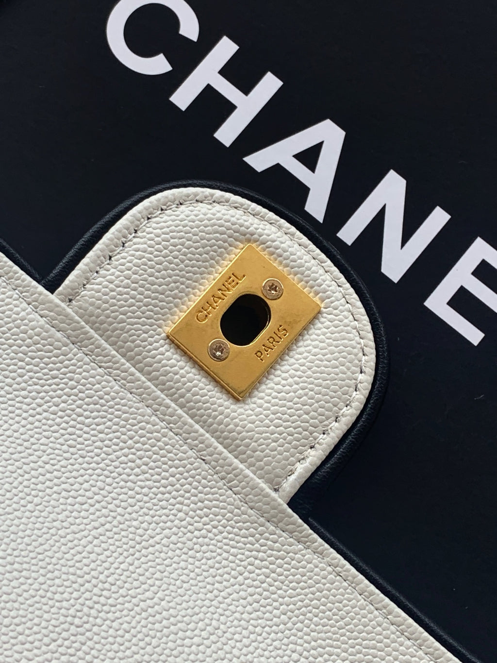 Chanel 26S Bowling Bag — White Grained Calfskin with Black Trim and Gold Hardware