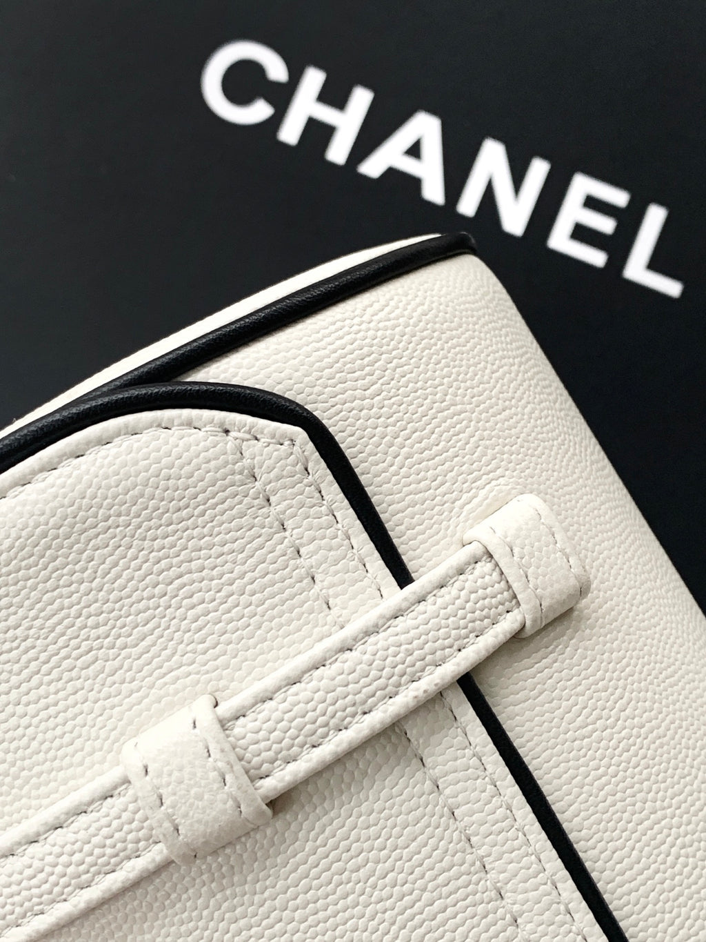 Chanel 26S Bowling Bag — White Grained Calfskin with Black Trim and Gold Hardware