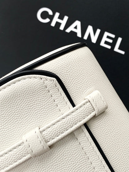 Chanel 26S Bowling Bag — White Grained Calfskin with Black Trim and Gold Hardware