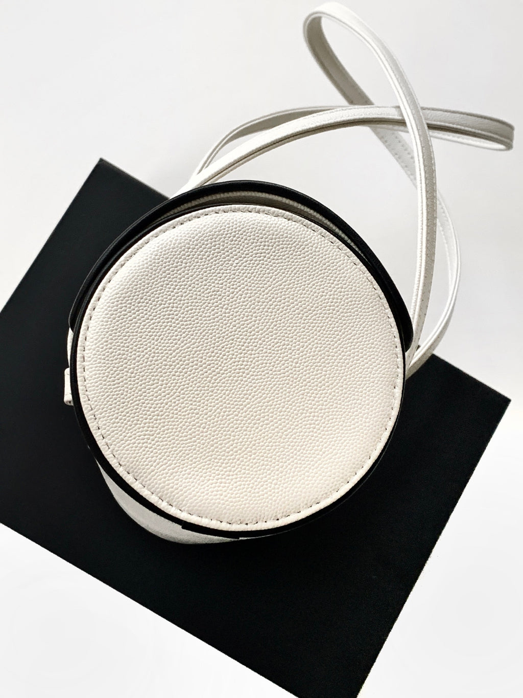 Chanel 26S Bowling Bag — White Grained Calfskin with Black Trim and Gold Hardware