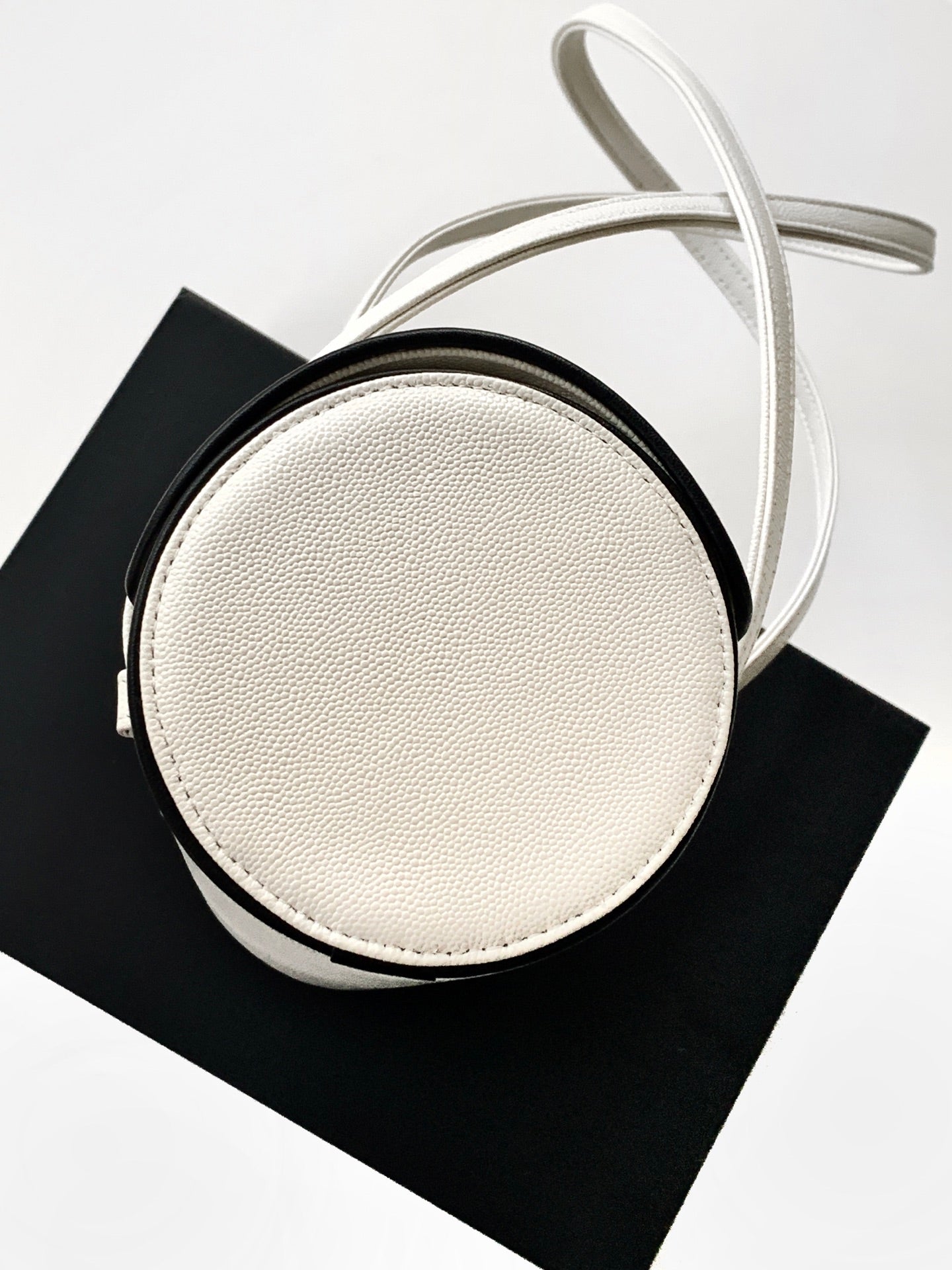 Chanel 26S Bowling Bag — White Grained Calfskin with Black Trim and Gold Hardware