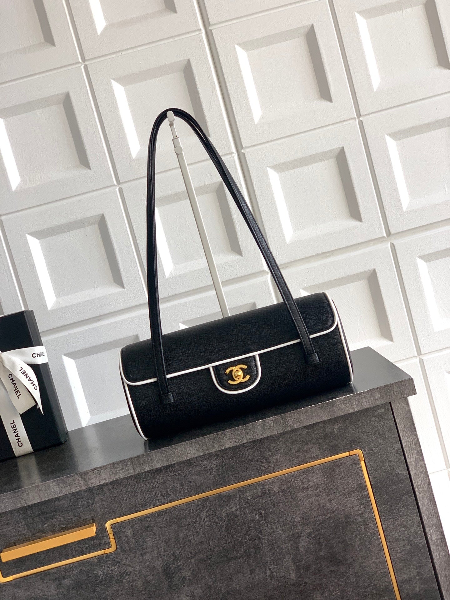Chanel 26S Bowling Bag — Black Grained Calfskin with White Trim and Gold Hardware
