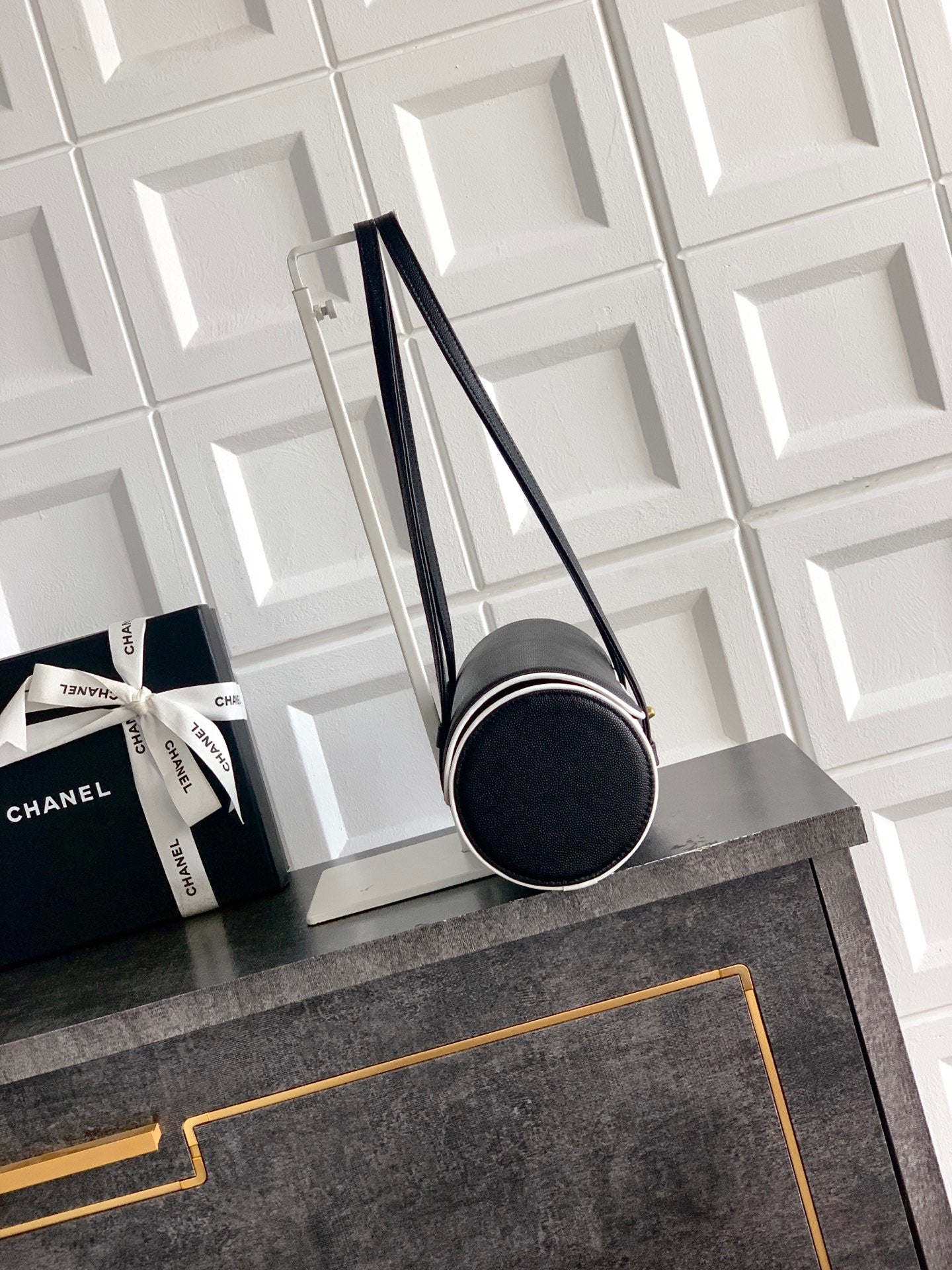 Chanel 26S Bowling Bag — Black Grained Calfskin with White Trim and Gold Hardware