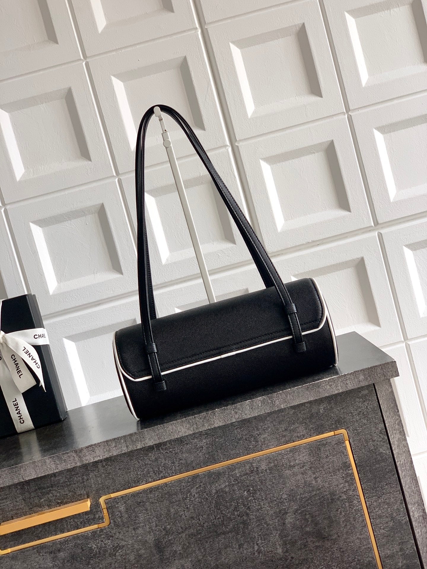 Chanel 26S Bowling Bag — Black Grained Calfskin with White Trim and Gold Hardware