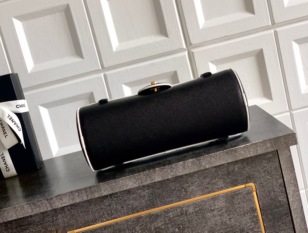 Chanel 26S Bowling Bag — Black Grained Calfskin with White Trim and Gold Hardware