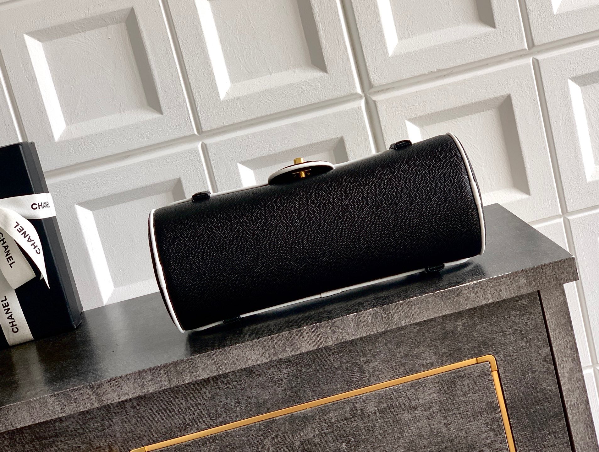 Chanel 26S Bowling Bag — Black Grained Calfskin with White Trim and Gold Hardware