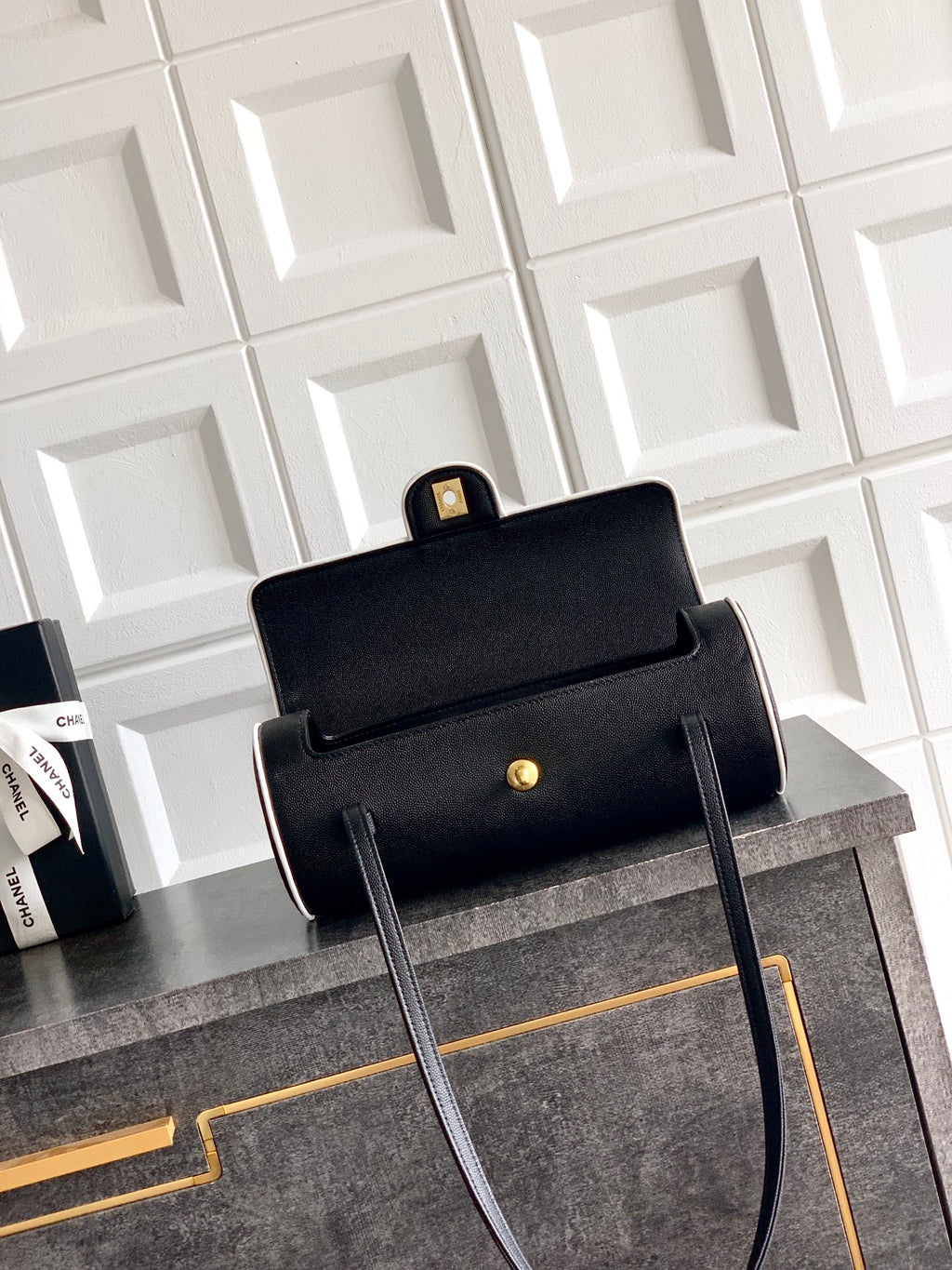 Chanel 26S Bowling Bag — Black Grained Calfskin with White Trim and Gold Hardware
