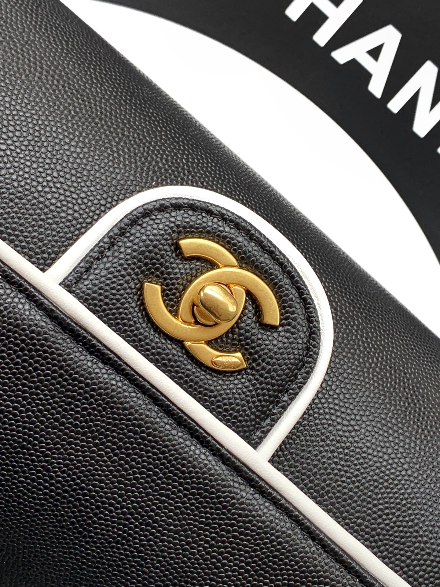 Chanel 26S Bowling Bag — Black Grained Calfskin with White Trim and Gold Hardware