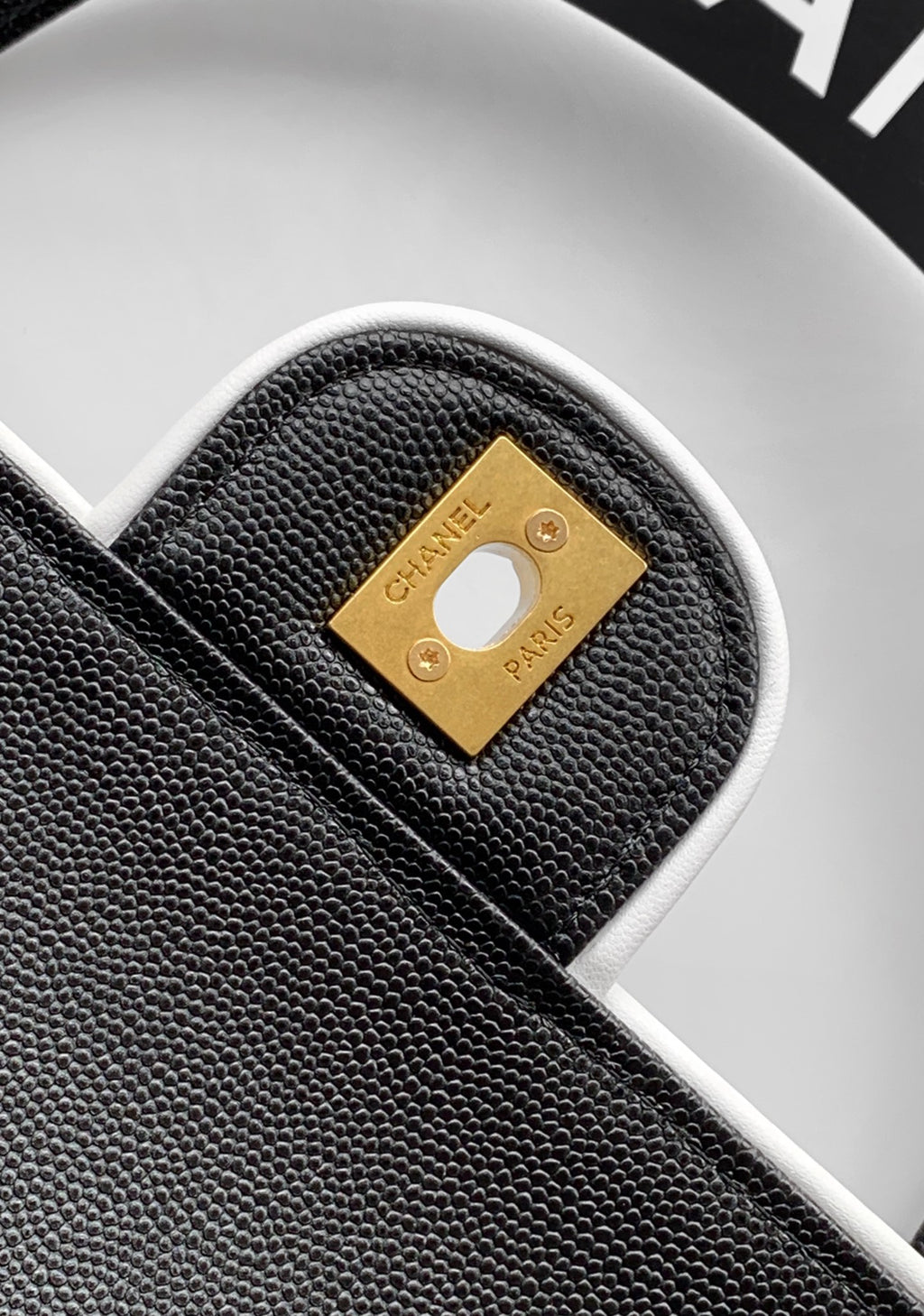 Chanel 26S Bowling Bag — Black Grained Calfskin with White Trim and Gold Hardware