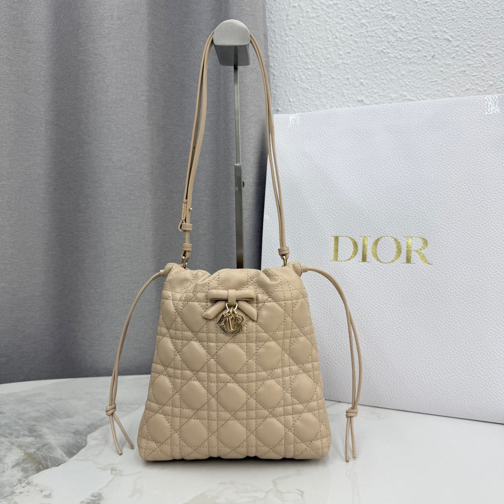 Dior Adiorable Mini Bucket Bag — Latte Beige Cannage Lambskin with Gold Hardware