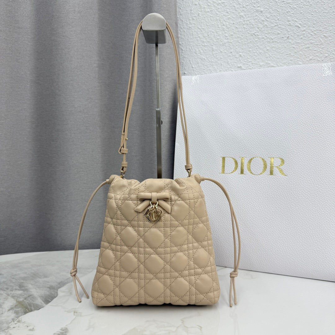 Dior Adiorable Mini Bucket Bag — Latte Beige Cannage Lambskin with Gold Hardware