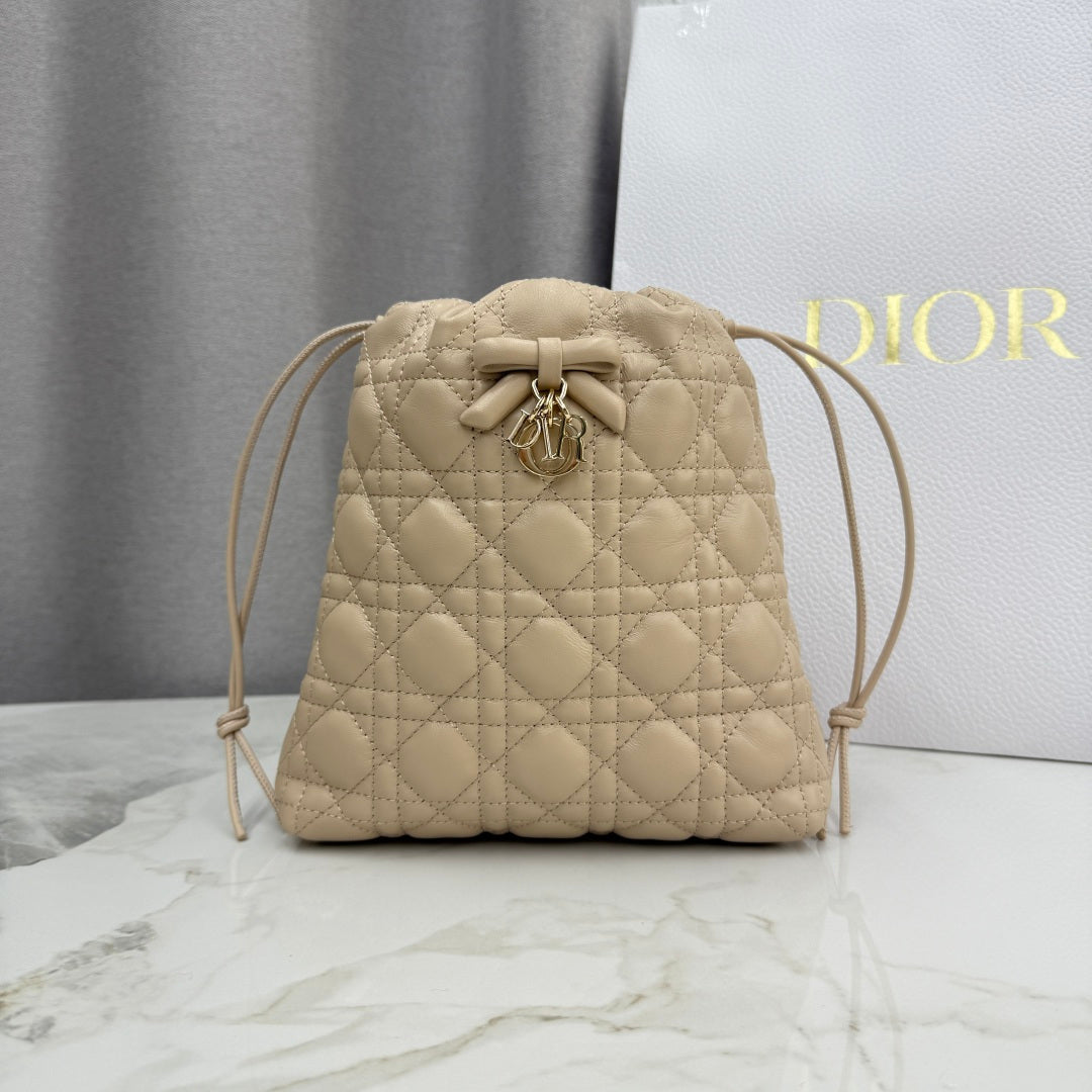 Dior Adiorable Mini Bucket Bag — Latte Beige Cannage Lambskin with Gold Hardware