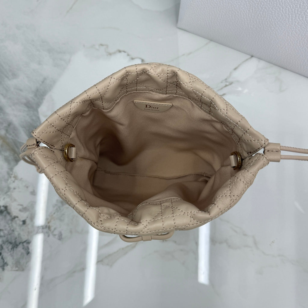 Dior Adiorable Mini Bucket Bag — Latte Beige Cannage Lambskin with Gold Hardware