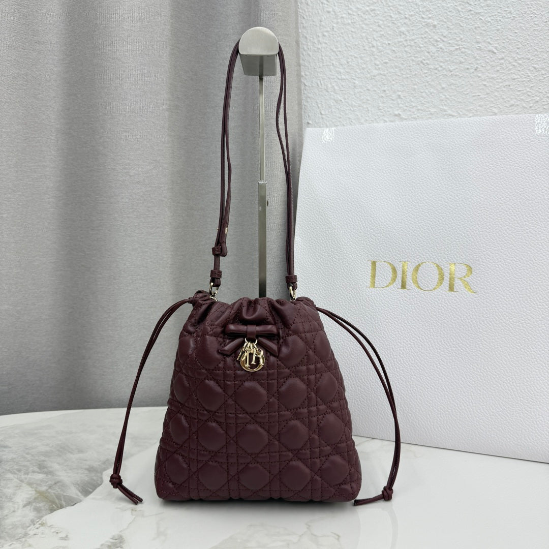 Dior Adiorable Mini Bucket Bag — Burgundy Cannage Lambskin with Gold Hardware