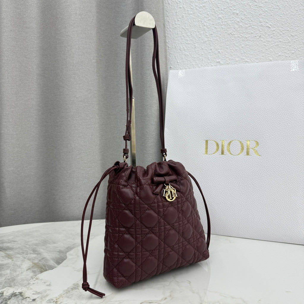 Dior Adiorable Mini Bucket Bag — Burgundy Cannage Lambskin with Gold Hardware