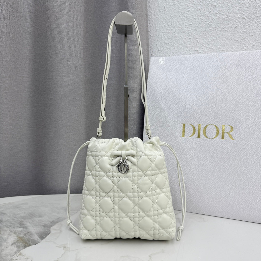 Dior Adiorable Mini Bucket Bag — White Cannage Lambskin with Silver Hardware