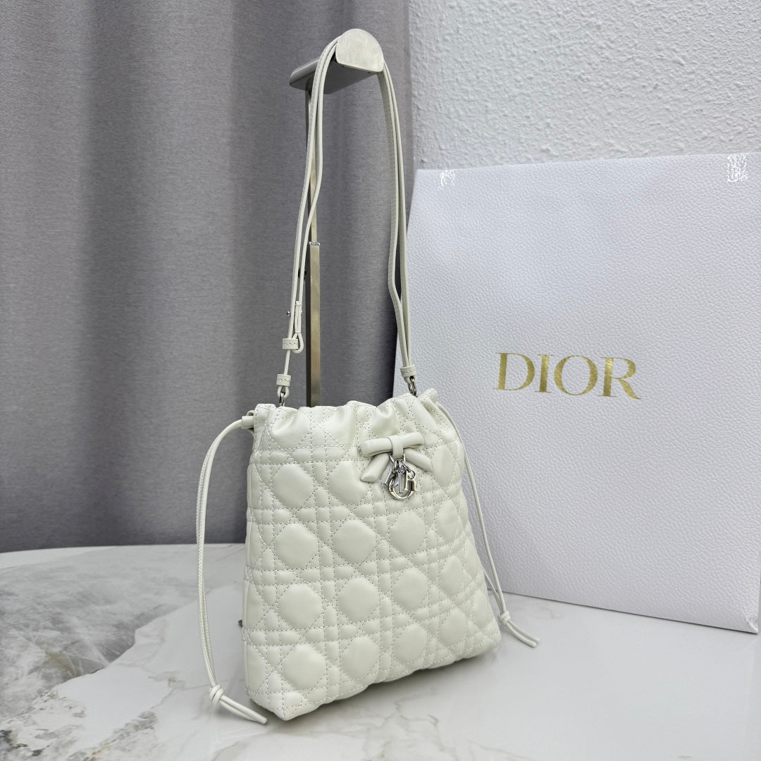 Dior Adiorable Mini Bucket Bag — White Cannage Lambskin with Silver Hardware