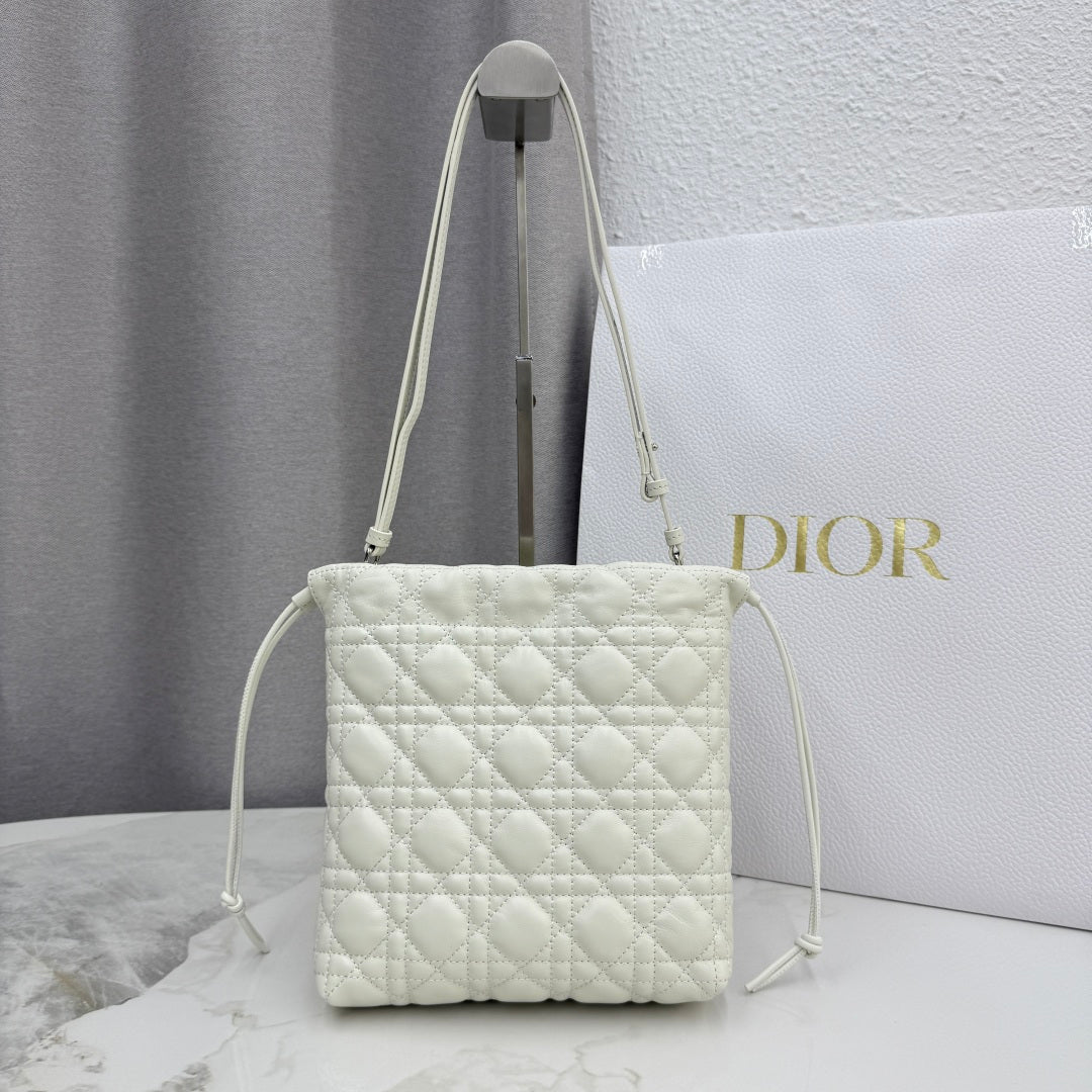 Dior Adiorable Mini Bucket Bag — White Cannage Lambskin with Silver Hardware