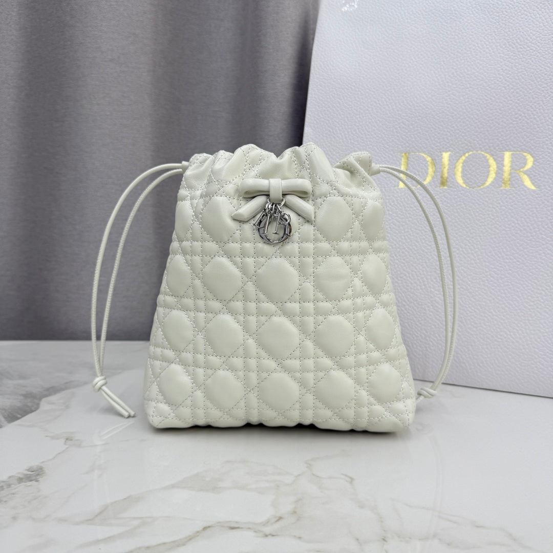 Dior Adiorable Mini Bucket Bag — White Cannage Lambskin with Silver Hardware