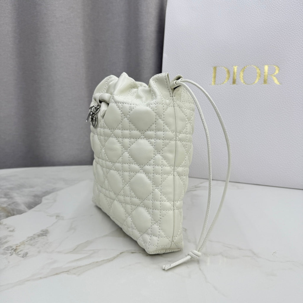 Dior Adiorable Mini Bucket Bag — White Cannage Lambskin with Silver Hardware