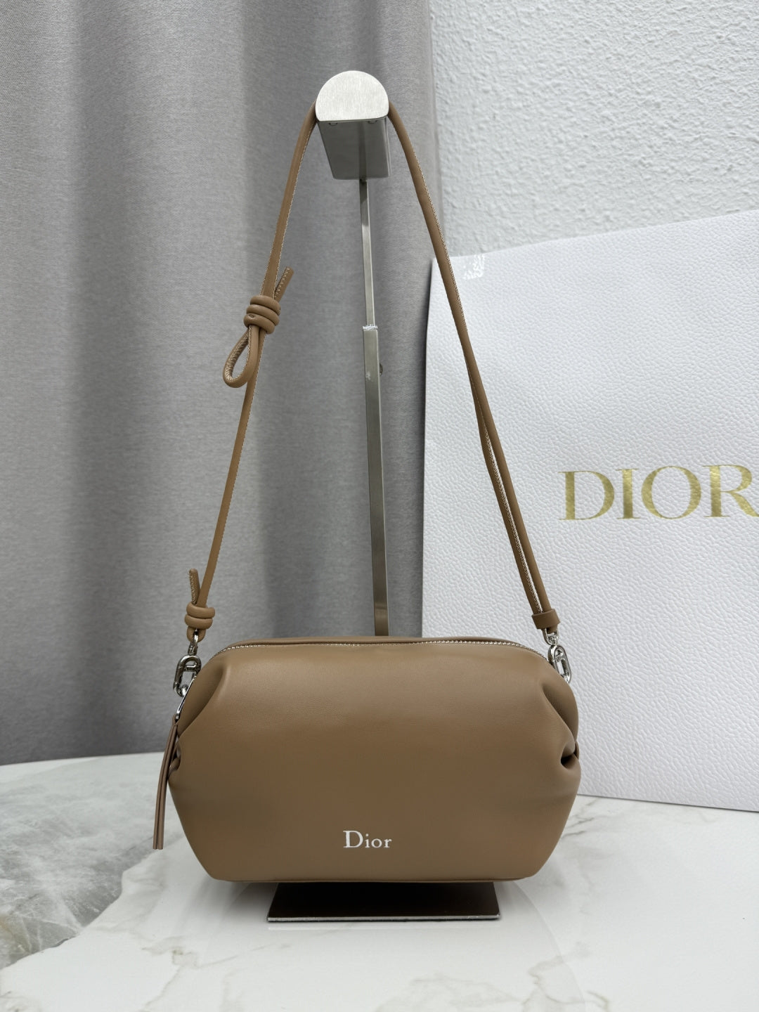 Dior D-Cushion Camera Bag — Camel Ultra-Soft Lambskin with Silver Hardware
