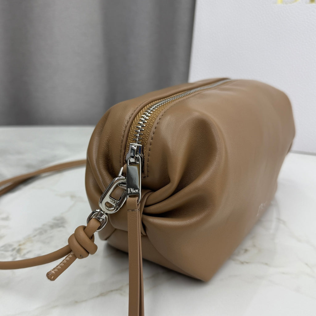 Dior D-Cushion Camera Bag — Camel Ultra-Soft Lambskin with Silver Hardware